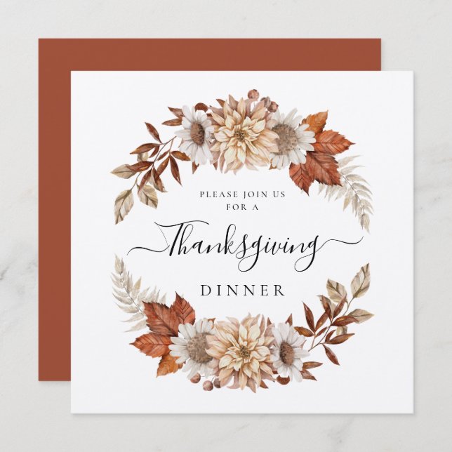 Rustic Fall Floral Thanksgiving Dinner Square Invitation (Front/Back)