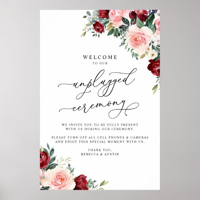 Rustic Fall Floral Unplugged Ceremony Wedding Sign (Front)