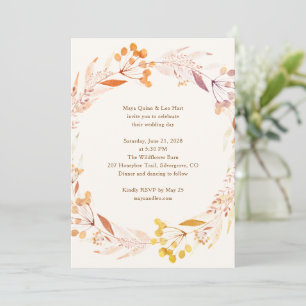 Rustic Fall Floral Watercolor Wreath Boho Wedding Invitation