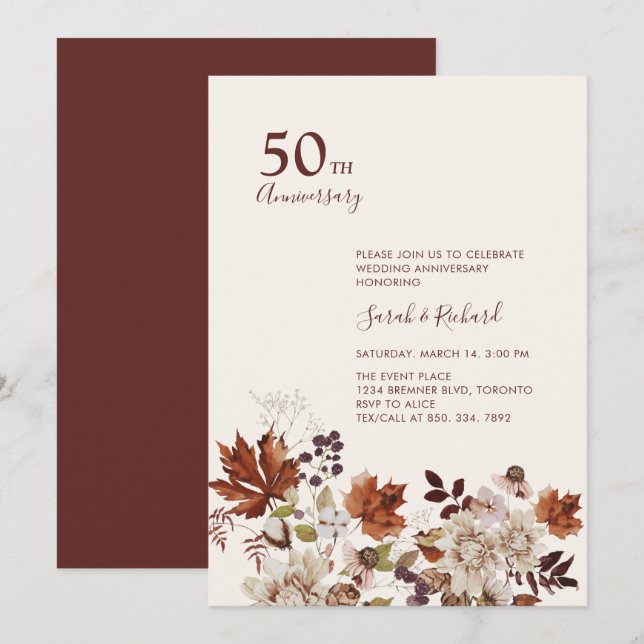 Rustic Fall Floral Wedding Anniversary Party Invitation (Front/Back)