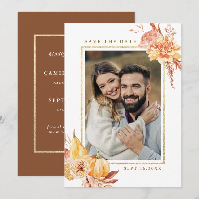 Rustic Fall Floral Wedding Gold Frame Photo        Save The Date (Front/Back)