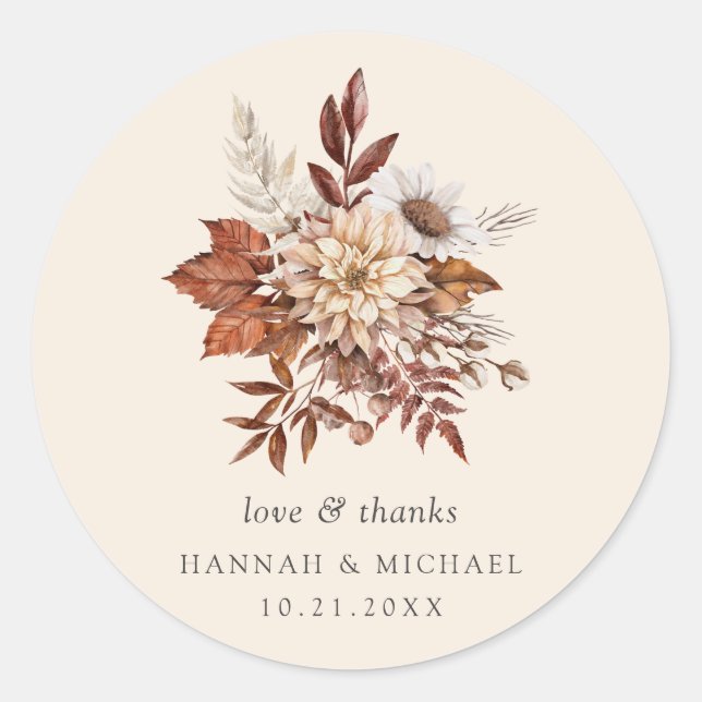 Rustic Fall Floral Wedding Thank You Classic Round Sticker (Front)