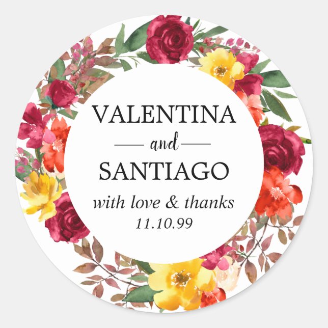 Rustic Fall Floral Wedding Thank You Favour Classic Round Sticker (Front)