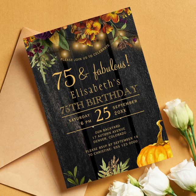 Rustic fall floral wood 75 fabulous years birthday invitation (Creator Uploaded)