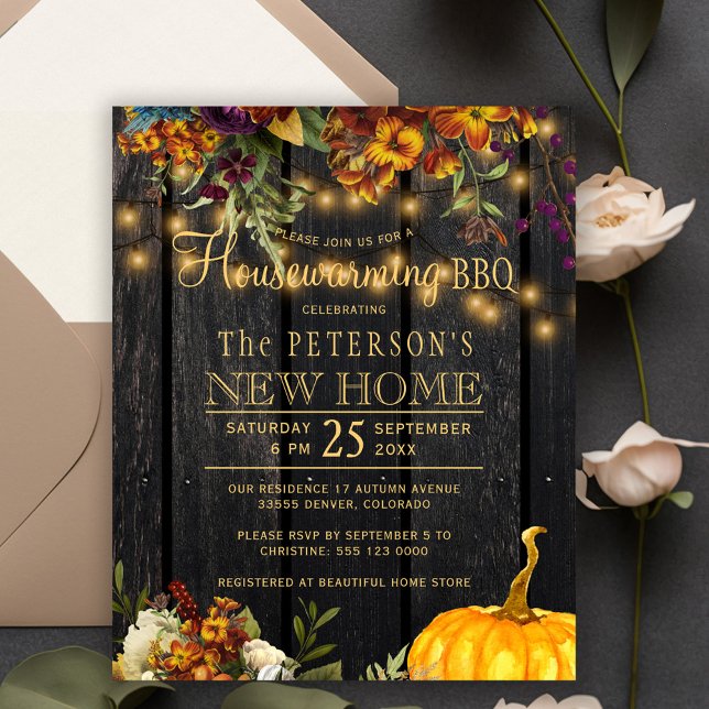 Rustic fall floral wood housewarming bbq invite (Creator Uploaded)