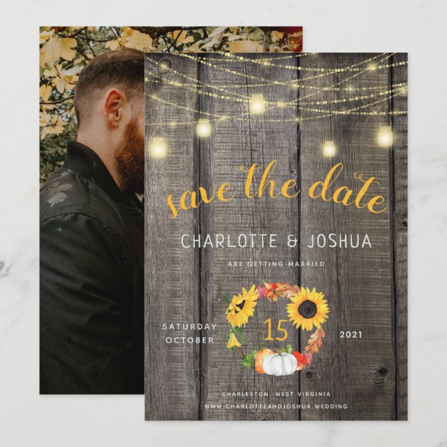 Rustic Fall Floral Wreath Barnwood Save the Date Invitation (Front/Back)