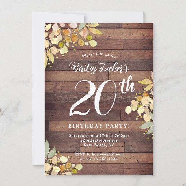 Rustic Fall Florals Gold Foil Dots 20th Birthday Invitation (Front)