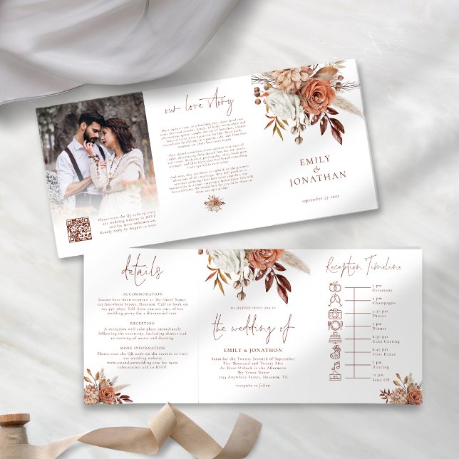 Rustic Fall Florals Photo QR Code Timeline Wedding Tri-Fold Invitation (Unfolded view)