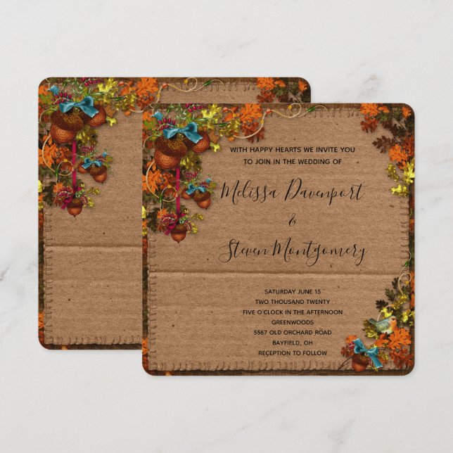 Rustic Fall Flowers & Acorns on Faux Cardboard Invitation (Front/Back)