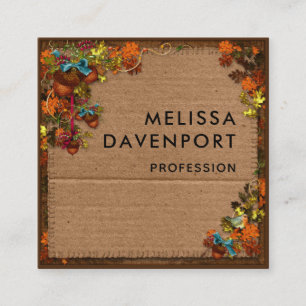 Rustic Fall Flowers & Acorns on Faux Cardboard Square Business Card