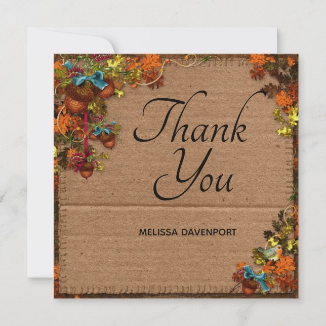 Rustic Fall Flowers & Acorns on Faux Cardboard Thank You Card (Front)