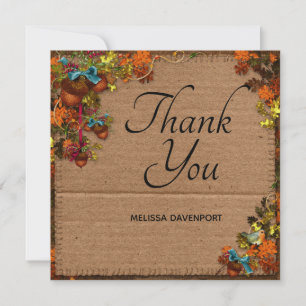 Rustic Fall Flowers & Acorns on Faux Cardboard Thank You Card