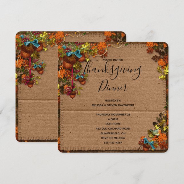Rustic Fall Flowers & Acorns Thanksgiving Dinner Invitation (Front/Back)