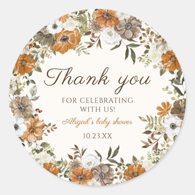 Rustic Fall Flowers Baby Shower Thank You Classic Round Sticker (Front)