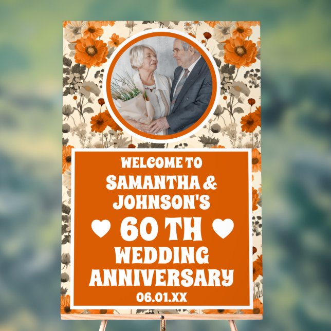Rustic Fall Flowers Photo 60th Wedding Anniversary Acrylic Sign (Neutral)