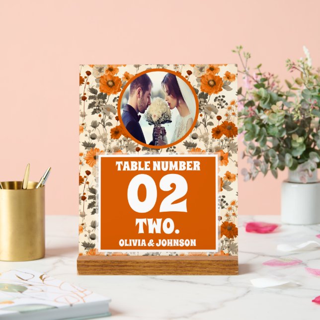 Rustic Fall Flowers Photo Wedding Table Number Acrylic Sign (Wedding)