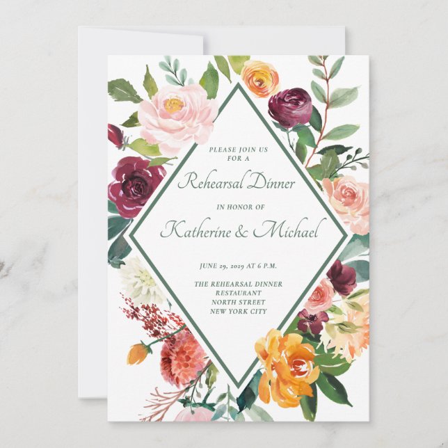 Rustic Fall Flowers Sage Green Rehearsal Dinner Invitation (Front)