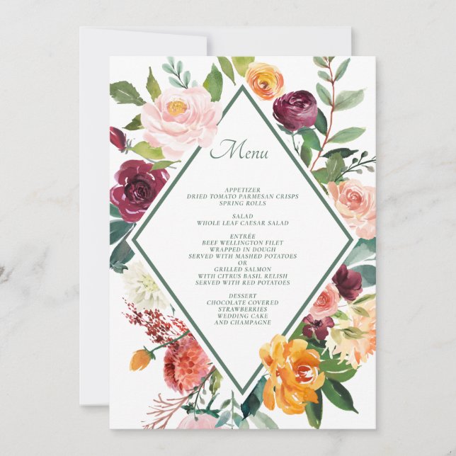 Rustic Fall Flowers Sage Green Wedding Menu Cards (Front)