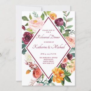 Rustic Fall Flowers Wine Red Rehearsal Dinner Invitation