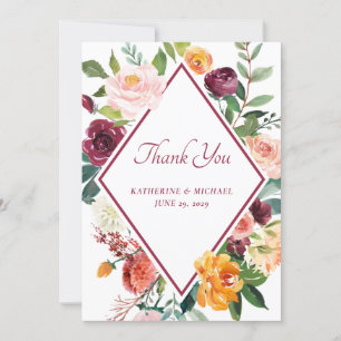 Rustic Fall Flowers Wine Red Thank You Card