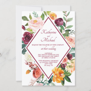 Rustic Fall Flowers Wine Red Wedding Invitation