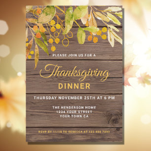 Rustic Fall Foliage Barn Wood Thanksgiving Dinner Invitation