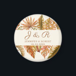 Rustic Fall Foliage Monogram Round Wedding Round Magnet<br><div class="desc">Round wedding magnet featuring watercolor tropical leaves in earthy autumn tones with couple's names and date. A beautiful keepsake or favour to match your rustic celebration theme.</div>