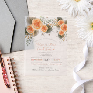 Rustic Fall Foliage Orange Floral Autumn Wedding Vellum Invitations