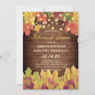 Rustic Fall Foliage Strings Light Rehearsal Dinner Invitation