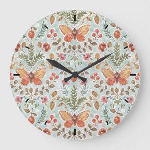 Rustic Fall Foliage Watercolor Pattern Teal Large Clock