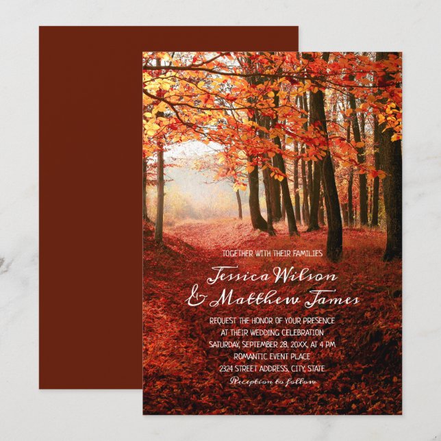 Rustic Fall Forest Burgundy Autumn Country Wedding Invitation (Front/Back)