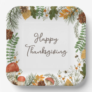 Rustic Fall Forest Mushrooms Leaves Thanksgiving Paper Plate