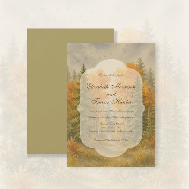 Rustic Fall Forest Watercolor Wedding Invitation (Fall Forest Pine Trees Landscape Watercolor Wedding.)