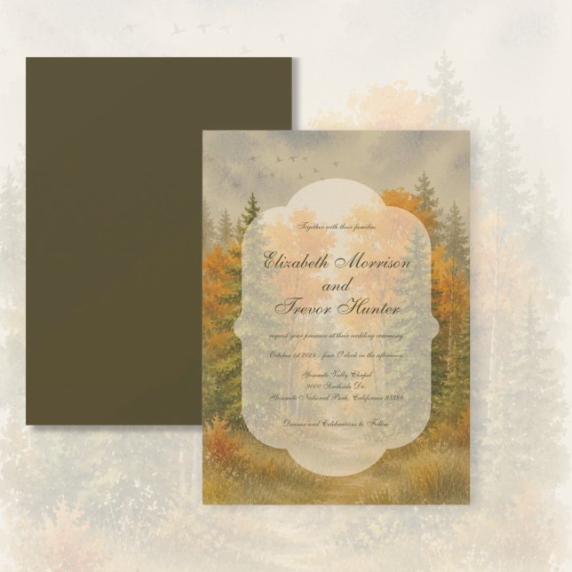 Rustic Fall Forest Watercolor Wedding Invitation (Autumn Forest Pine Trees Mountains - Wedding Invitations)