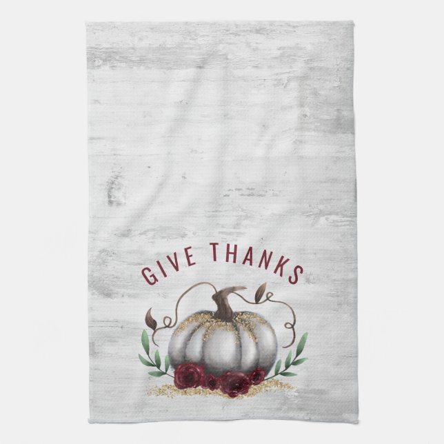 Rustic Fall Give Thanks Pumpkin Tea Towel (Vertical)
