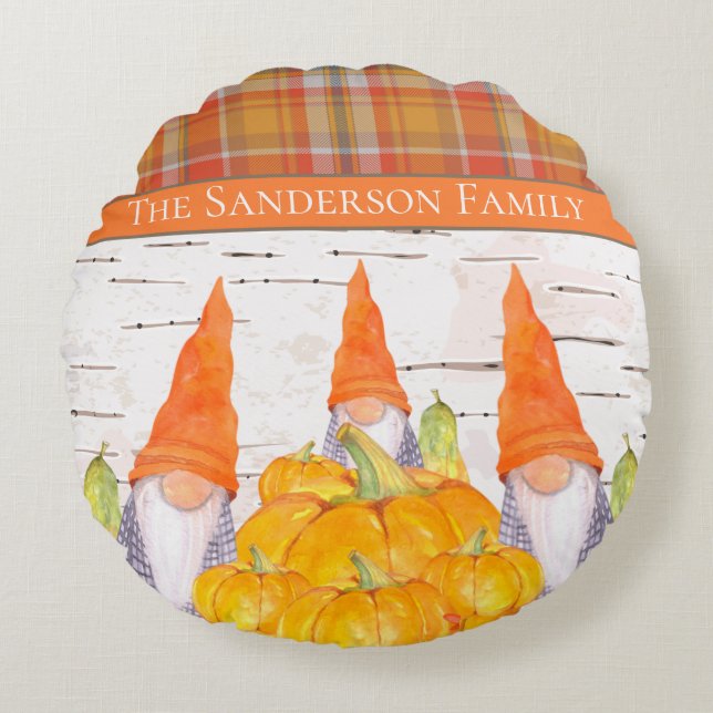 Rustic Fall Gnome orange plaid pumpkin Round Cushion (Front)