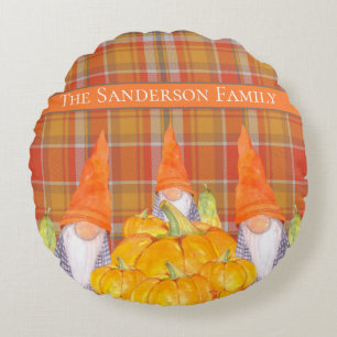 Rustic Fall Gnome pumpkin orange plaid  Round Cushion