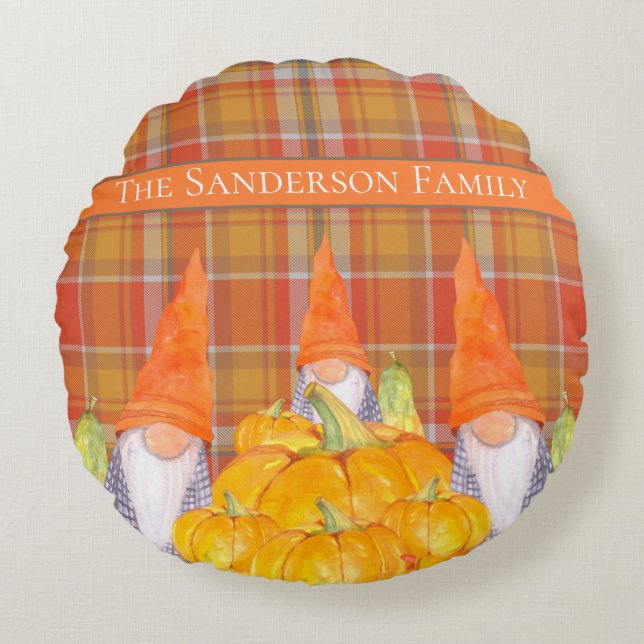 Rustic Fall Gnome pumpkin orange plaid  Round Cushion (Front)