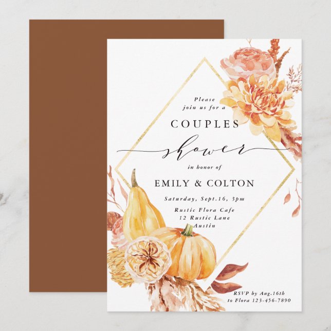 Rustic Fall Gold Floral Pumpkin Couples Shower Invitation (Front/Back)