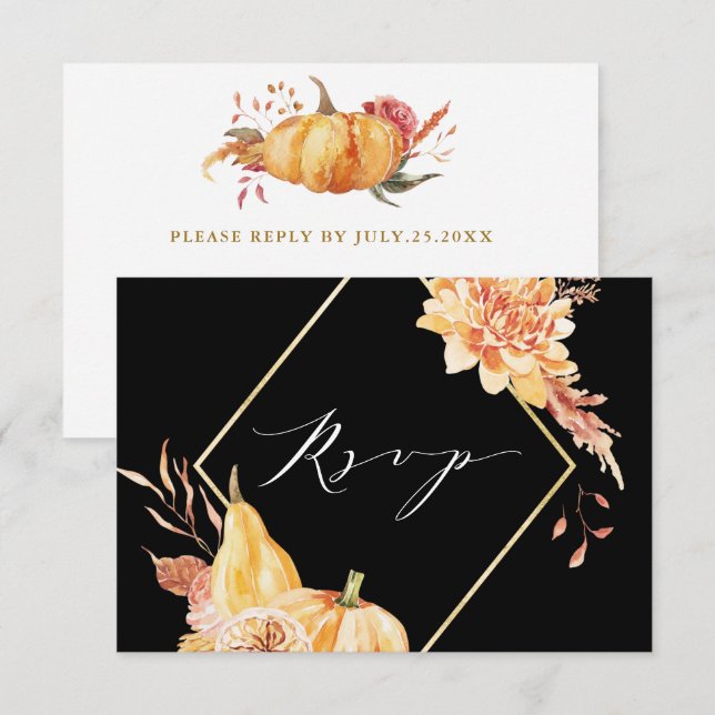 Rustic Fall Gold Floral Pumpkin Wedding Black RSVP Card (Front/Back)