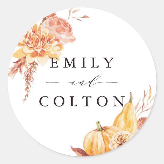 Rustic Fall Gold Floral Pumpkin Wedding Classic Round Sticker (Front)