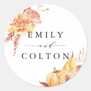 Rustic Fall Gold Floral Pumpkin Wedding Classic Round Sticker