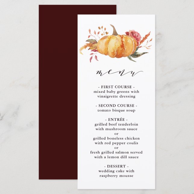 Rustic Fall Gold Floral Pumpkin Wedding Menu (Front/Back)
