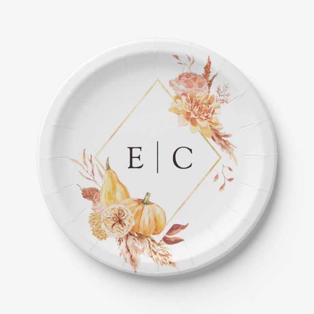 Rustic Fall Gold Floral Pumpkin Wedding Monogram Paper Plate (Front)