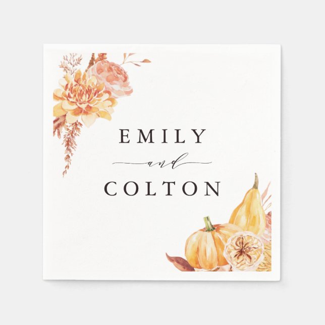 Rustic Fall Gold Floral Pumpkin Wedding Napkin (Front)