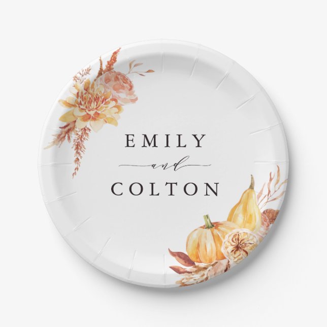 Rustic Fall Gold Floral Pumpkin Wedding Paper Plate (Front)