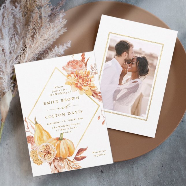 Rustic Fall Gold Floral Pumpkin Wedding Photo Invitation (Creator Uploaded)