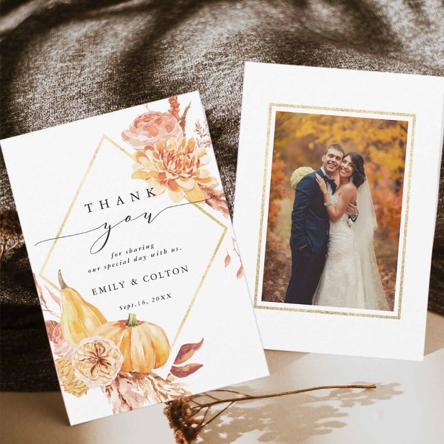 Rustic Fall Gold Floral Pumpkin Wedding Photo Thank You Card (Front & Back)