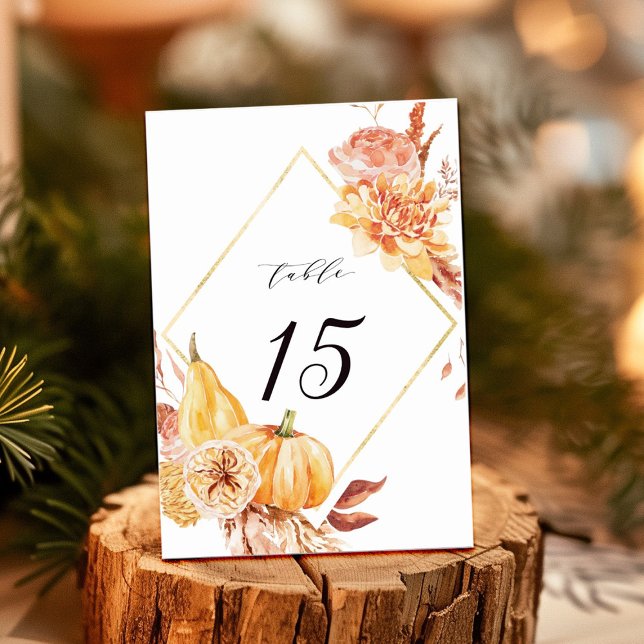 Rustic Fall Gold Floral Pumpkin Wedding Table Number (Creator Uploaded)