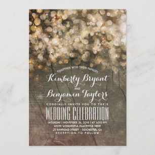 Rustic Fall Gold Glitter Lights Wood Wedding Invitation